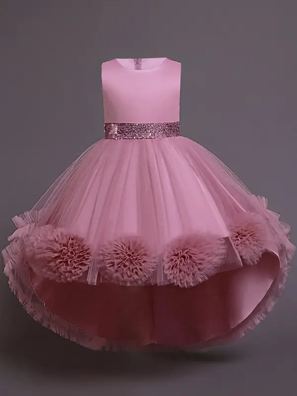 Girl's Contrast Sequin Bow Back Ruffle Trim Tulle Dress, Elegant Appliques Sleeveless High Waist Fit & Flare Dress for Part...