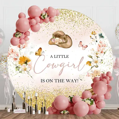 Pink Gold Little Cowgirl Round Baby Shower Backdrop