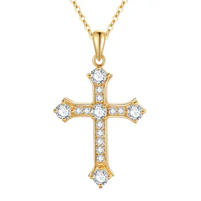 14K Gold Round Cubic Zirconia Cross Pendant Necklace