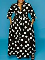 【Plus Size】 Polka Dot Print Belted Button Front Shirt Dress, Casual 3/4 Sleeve Tie Front High Waist Long Dress for Lady V...