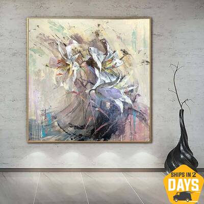 Abstract White Lilies Paintings On Canvas Floral Wall Art Flowers Bouquet Painting Neutral Calla Lily Fine Art | BOUQUET OF L...