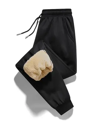 Men's Solid Drawstring Waist Thermal Lined Sweatpants, Regular Fit Casual Pocket Jogger Pants for Fall & Winter, Men's Trouse...