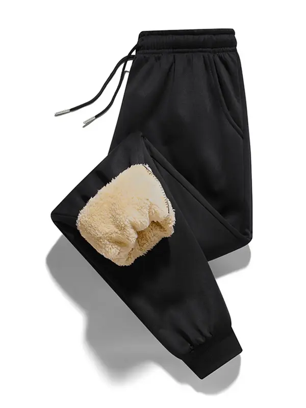 Men's Solid Drawstring Waist Thermal Lined Sweatpants, Regular Fit Casual Pocket Jogger Pants for Fall & Winter, Men's Trouse...