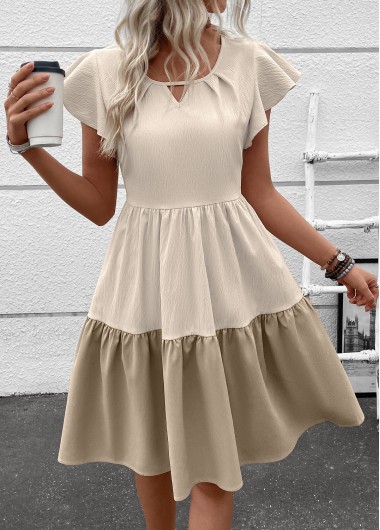 Modlily Light Camel Patchwork Short Sleeve Round Neck Dress - XL