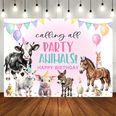 Calling All Party Animals Pink Birthday Backdrop - Aperturee