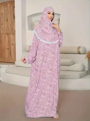 Women's Ditsy Floral Print Long Sleeve Hooded Robe, Elegant Maxi Muslim Dress, Women's Islamic Clothing for All Seasons