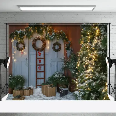 White Door Tree Wreath Christmas Photo Backdrop - Aperturee