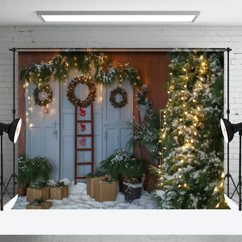 White Door Tree Wreath Christmas Photo Backdrop - Aperturee