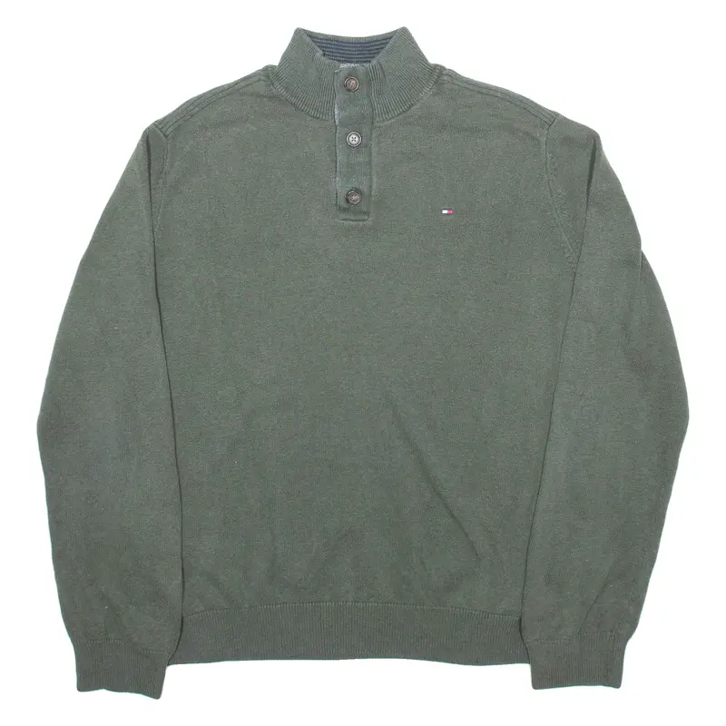 TOMMY HILFIGER Mens Jumper Green Button Neck Tight Knit XL
