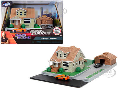 Toretto House Diorama with Dodge Charger Black and Toyota Supra Orange with Graphics \