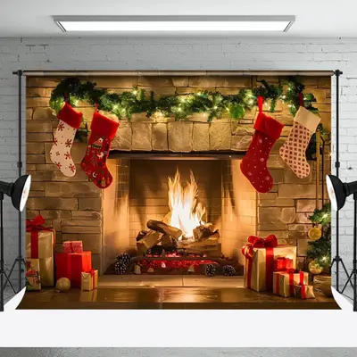 Aperturee Brick Fireplace Red Socks Christmas Photo Backdrop