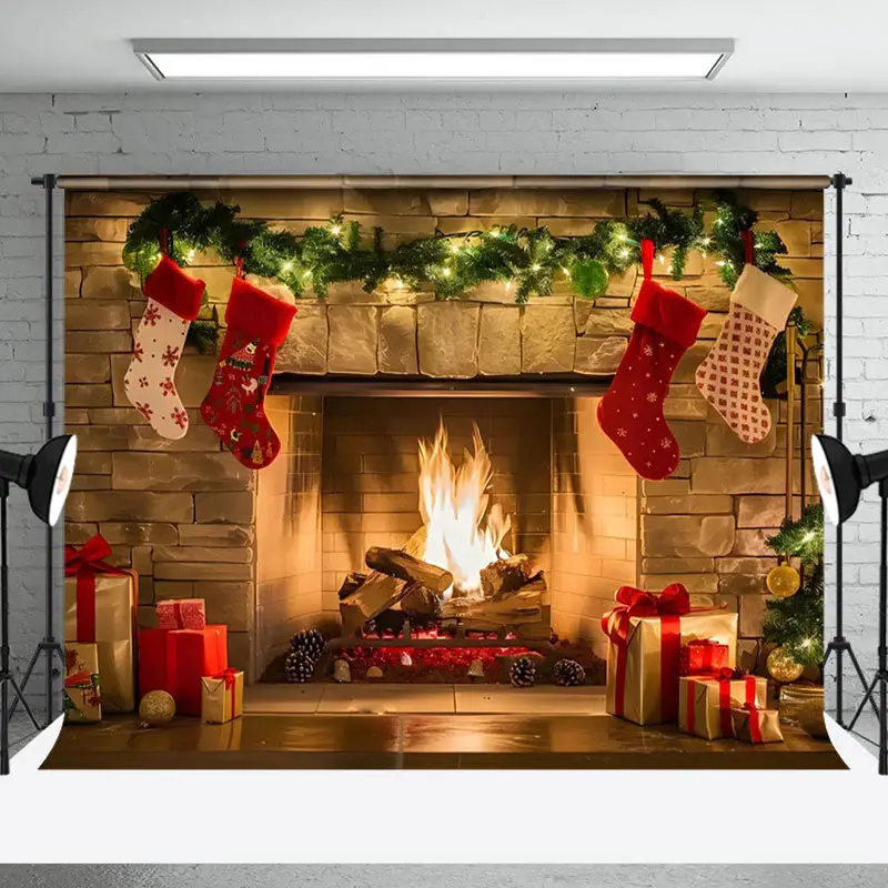 Aperturee Brick Fireplace Red Socks Christmas Photo Backdrop