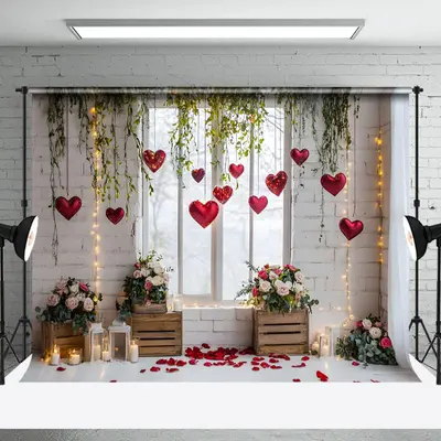 Aperturee White Window Greenery Floral Valentines Day Backdrop, 3X2FT(1MX0.6M), 14 USD, valentines day backdrops, NYHD1I36-M