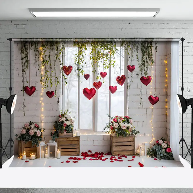 Aperturee White Window Greenery Floral Valentines Day Backdrop, 3X2FT(1MX0.6M), 14 USD, valentines day backdrops, NYHD1I36-M