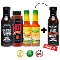 Elijah's Xtreme Handcrafted Favorites Mild Sampler Bundle includes Hot Honey, Bacon Maple BBQ Sauce, Pineapple Mango Habanero...