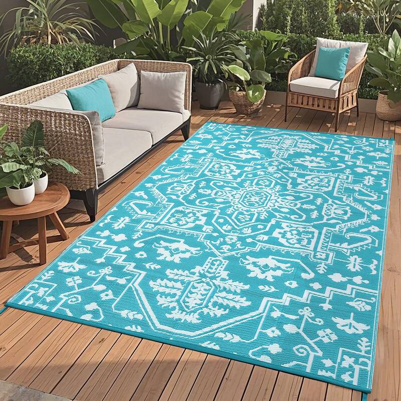 Garvee Outdoor Patio Rug 8x10 Waterproof Reversible Medallion Pattern Polypropylene Foldable Lightweight with Stakes for Back...