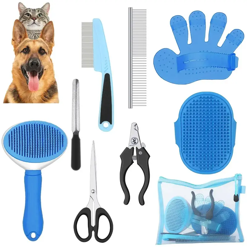Pet Grooming Tool Set, Including Pet Grooming Brush & Scissors & Pet Nail Clipper & Cat Hair Remover & Pet Nail File & Storag...