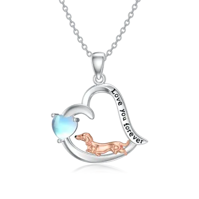 Sterling Silver Two-Tone Heart Moonstone Dog Heart Pendant Necklace With Engraved Word For Women
