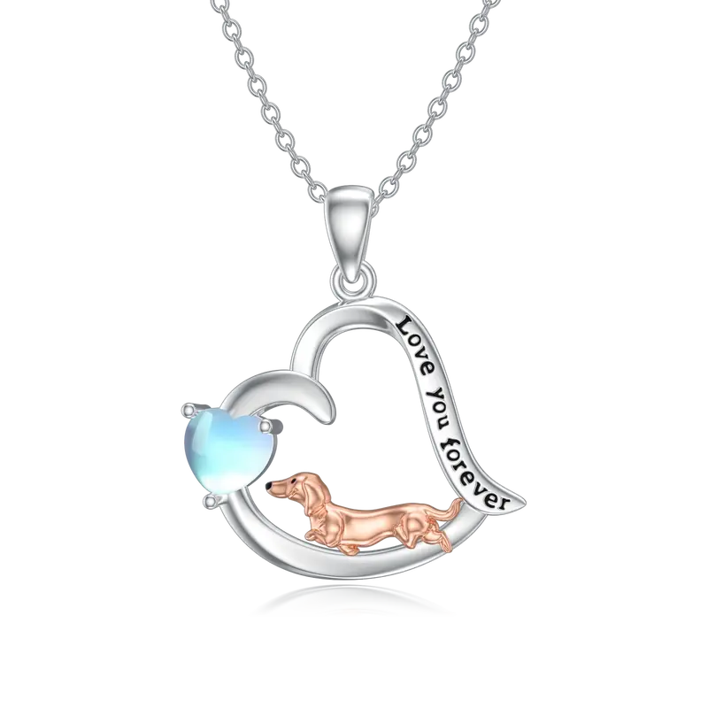 Sterling Silver Two-Tone Heart Moonstone Dog Heart Pendant Necklace With Engraved Word For Women