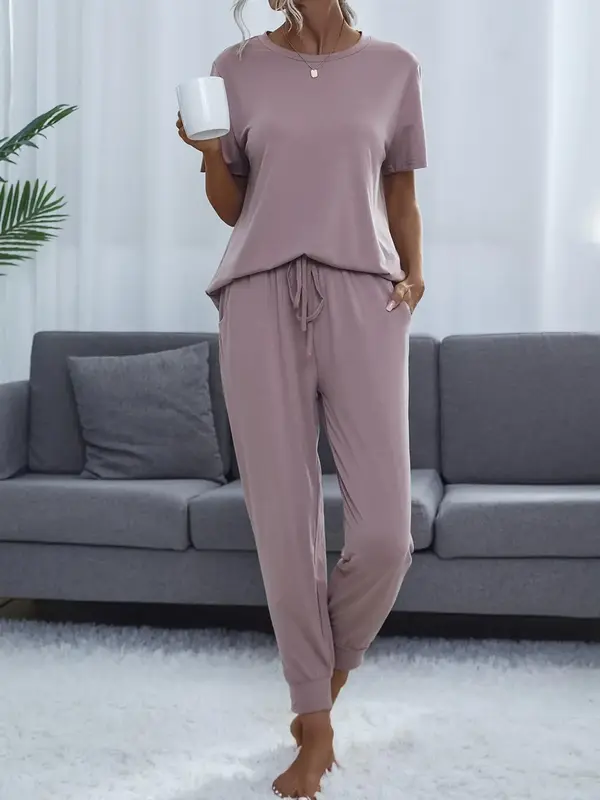 Two-Piece Set Women's Casual 2 Piece Outfits, Solid Short Sleeve T-Shirt & Pocket Jogger Pants Set, Summer Sweatsuit Clothes ...