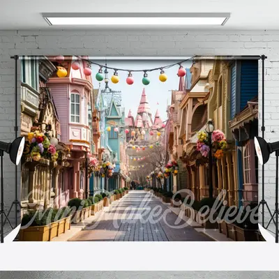 Colorful House Floral Light Street Easter Backdrop - Aperturee