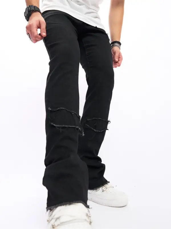 Men's Plain Raw Trim Pocket Jeans, Regular Fit Street Style Casual Comfy Medium Stretch Denim Trousers for Daily Wear, Fashio...