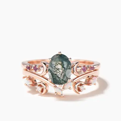 Oval Cut Natural Moss Agate Amethyst Crescent Moon Bridal Ring