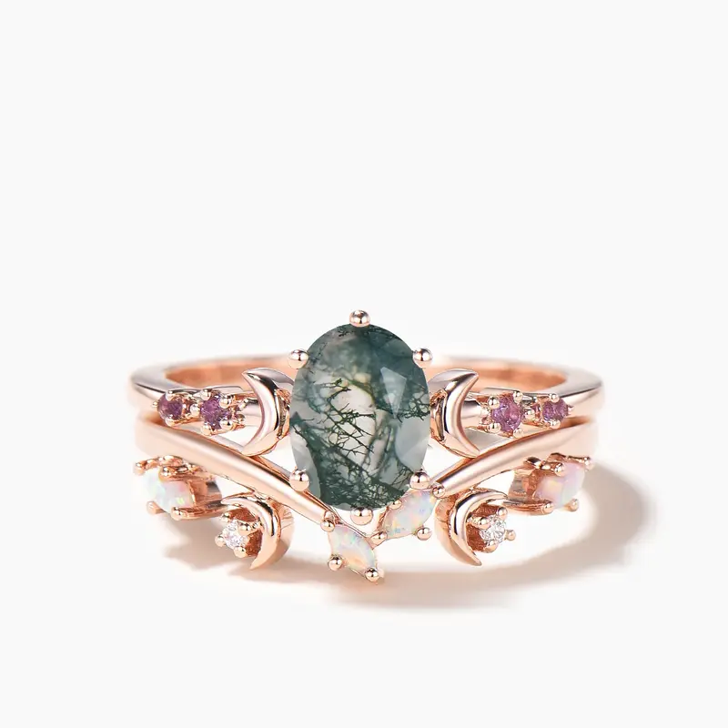Oval Cut Natural Moss Agate Amethyst Crescent Moon Bridal Ring