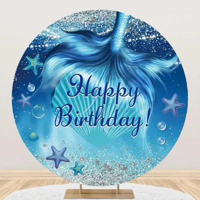 Silver Blue Mermaid Tail Circle Birthday Backdrop - Aperturee