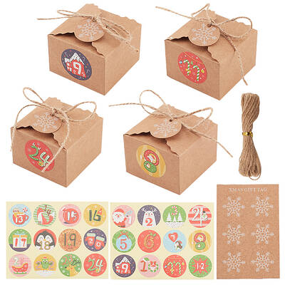 24Pcs Rectangle Foldable Creative Christmas Paper Gift Box with Cord and Round Dot Paper Christmas Stickers