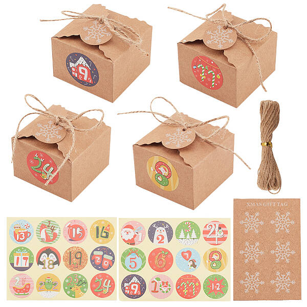24Pcs Rectangle Foldable Creative Christmas Paper Gift Box with Cord and Round Dot Paper Christmas Stickers