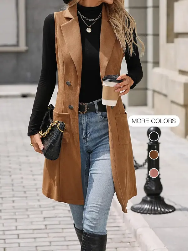 Women's Solid Button Decor Lapel Neck Suede Vest Blazer, Casual Sleeveless Pocket Open Front Longline Outerwear for Spring &...