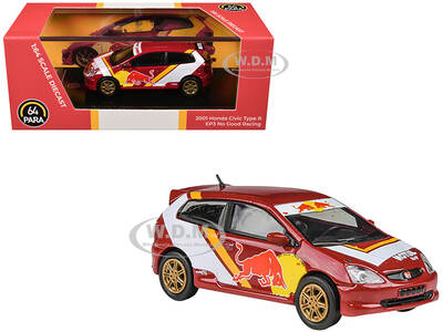 2001 Honda Civic Type R EP3 No Good Racing Red and White with Graphics 1/64 Diecast Model Car by Paragon Models