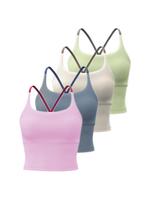 Women's Plain Criss Cross Back Sports Bra, Athletic Fitted Breathable Comfortable Sports Crop Cami Top, Ladies Sportswear for...