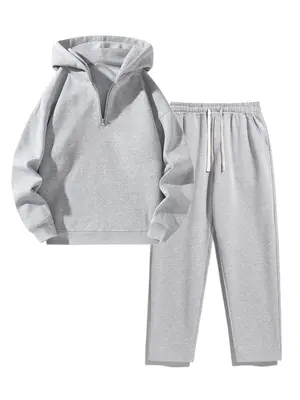 Two-Piece Set Men's Solid Zip Up Hoodie & Drawstring Waist Sweatpants Two-piece Set, Casual Regular Fit Long Sleeve Hooded Sw...
