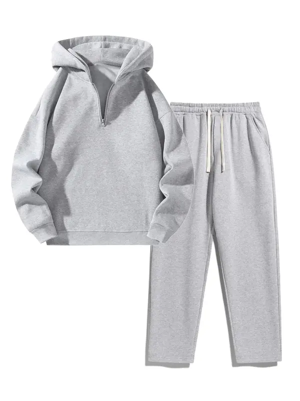 Two-Piece Set Men's Solid Zip Up Hoodie & Drawstring Waist Sweatpants Two-piece Set, Casual Regular Fit Long Sleeve Hooded Sw...