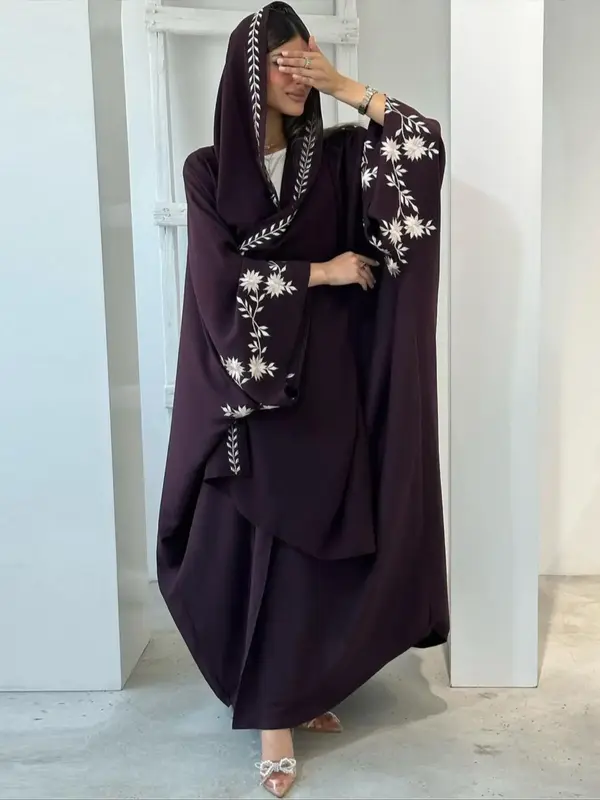 Women's Floral Embroidery Abaya Set, Modest Long Sleeve Open Front Abaya & Hijab Set, Muslim Clothing for Women