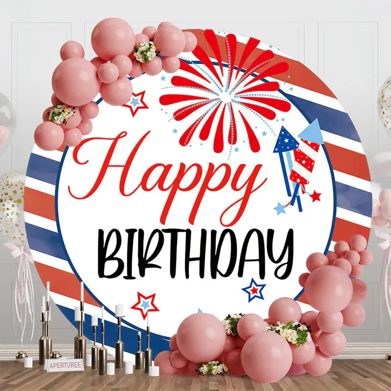 4th Of July Red Blue Stripe Round Birthday Backdrop