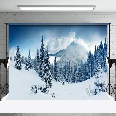Snowy Mountain Cedar Forest Blue Sky Winter Backdrop - Aperturee