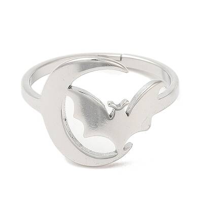 Non-Tarnish 304 Stainless Steel Moon with Bat Adjustable Ring for Women