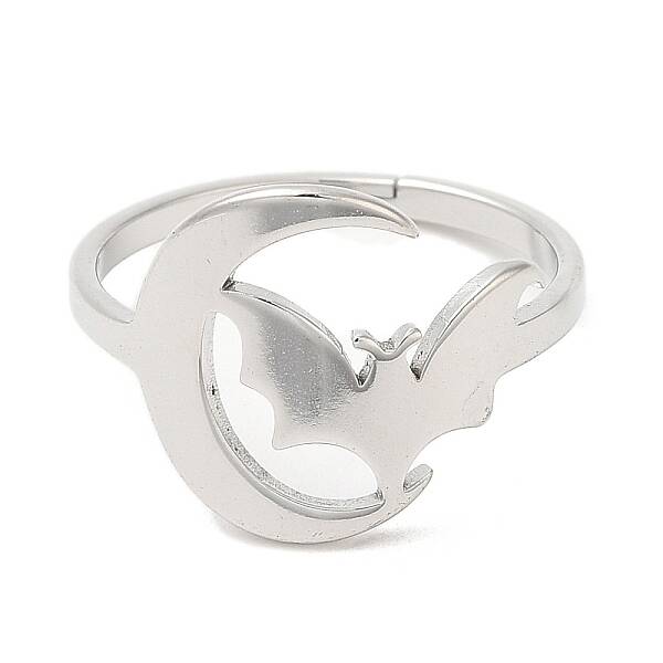 Non-Tarnish 304 Stainless Steel Moon with Bat Adjustable Ring for Women
