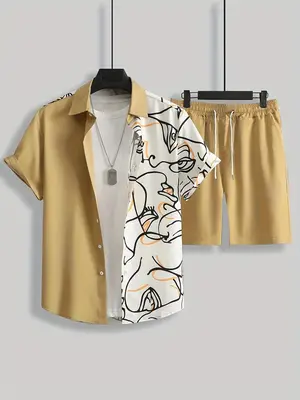 Men's Colorblock Pop Art Print Pocket Shorts Set, Casual Streetwear Button Front Shirt & Drawstring Waist Shorts For Beach ...