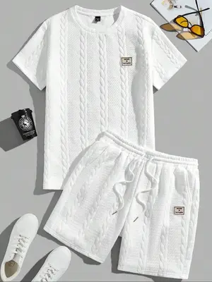 Men's Solid Jacquard Tee & Shorts Two-piece Set, Regular Fit Casual Round Neck Short Sleeve T-shirt & Track Shorts, Men's Sum...