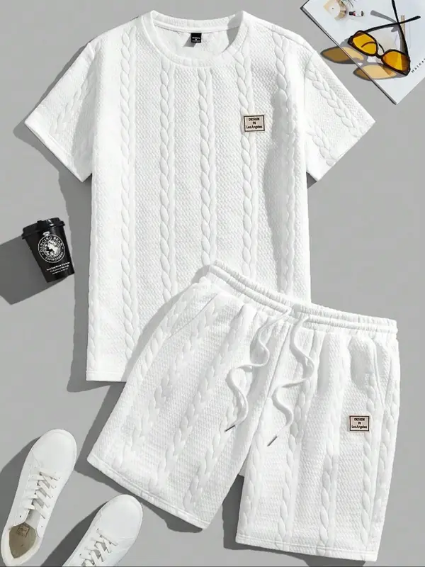 Men's Solid Jacquard Tee & Shorts Two-piece Set, Regular Fit Casual Round Neck Short Sleeve T-shirt & Track Shorts, Men's Sum...