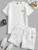 Men's Solid Jacquard Tee & Shorts Two-piece Set, Regular Fit Casual Round Neck Short Sleeve T-shirt & Track Shorts, Men's Sum...