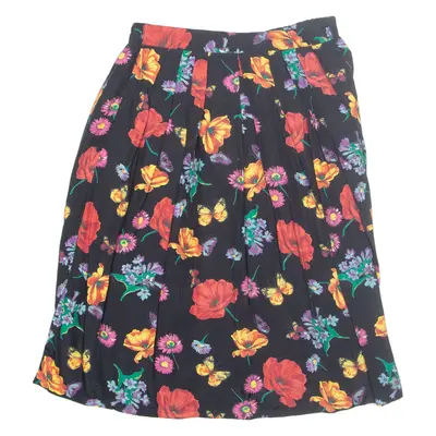 Womens Pleated Skirt Black Midi Viscose Floral UK 14