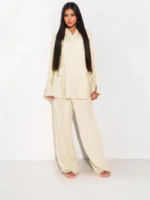 Women's Solid Wrap Detail Tie Side Top & Elastic Waist Pants Two-piece Set, Modest Split Long Sleeve Outerwear & Wide Leg Pan...