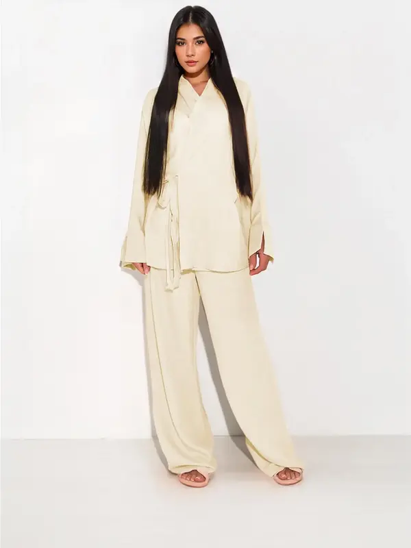Women's Solid Wrap Detail Tie Side Top & Elastic Waist Pants Two-piece Set, Modest Split Long Sleeve Outerwear & Wide Leg Pan...