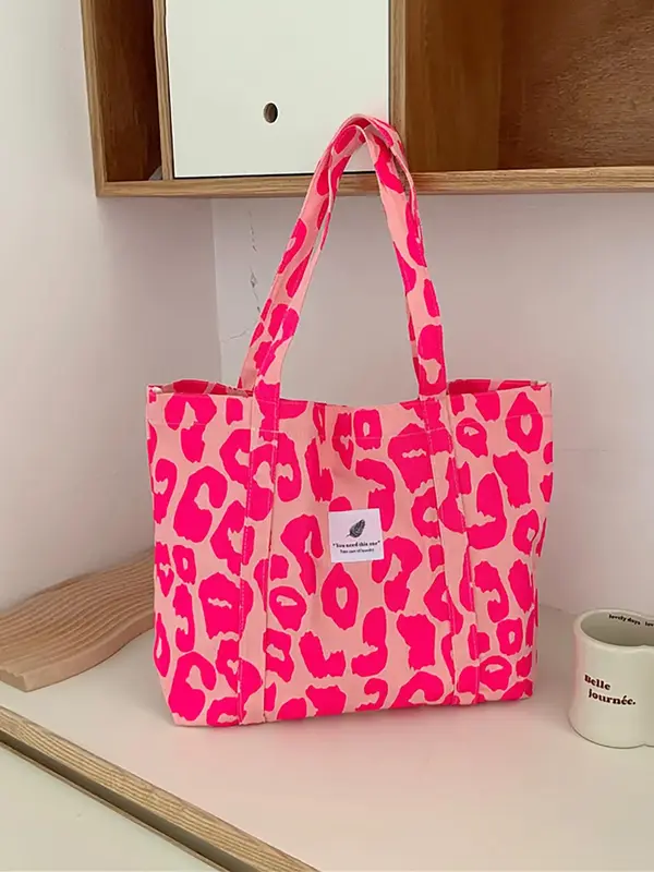 Fashion Random Leopard & Ditsy Flower Print Canvas Tote Bag, Casual Letter Matching Shoulder Bag for Women, Trendy All-match ...