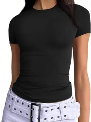 Women's Solid Round Neck Lounge Tee, Casual Comfy Short Sleeve T-shirt for Daily Wear, Ladies Tshirt Top for Indoor Outdoor W...